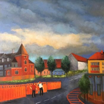 Malerei mit dem Titel "«Оранжевый забор»" von Mariia Mosunova Korotkina, Original-Kunstwerk, Öl