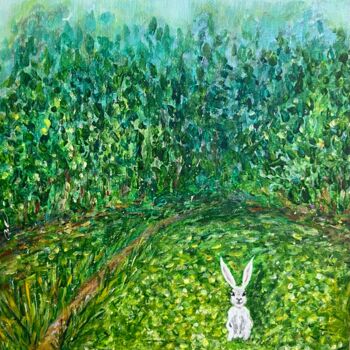 Painting titled "rabbit in magic woo…" by Maria Moutaux, Original Artwork, Acrylic Mounted on Wood Panel
