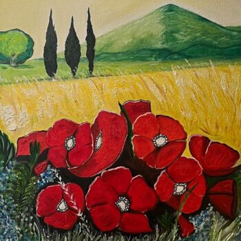 Painting titled "red poppies" by Maria Moutaux, Original Artwork, Oil Mounted on Wood Panel