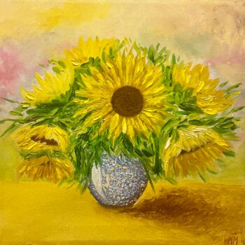 Painting titled "Sunflowers" by Maria Moutaux, Original Artwork, Oil Mounted on Wood Panel