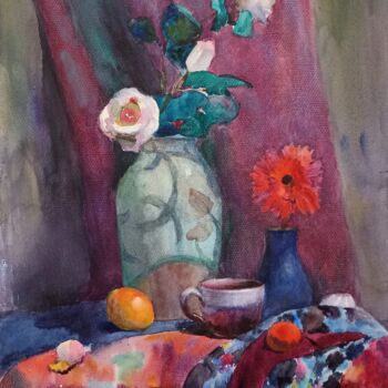 Peinture intitulée "Натюрморт с цветами" par Maria Muratova, Œuvre d'art originale, Aquarelle