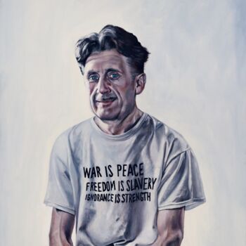 Painting titled "G.Orwell 1984" by Maria Petroff, Original Artwork, Oil Mounted on Wood Stretcher frame