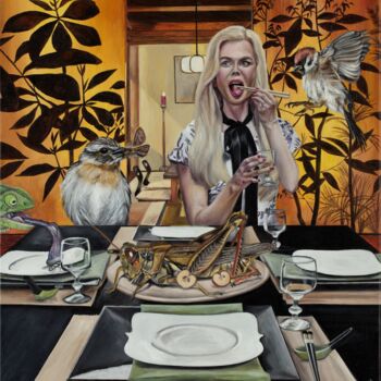 Painting titled "Thanksgiving dinner" by Maria Petroff, Original Artwork, Oil Mounted on Wood Stretcher frame