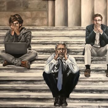 Painting titled "See no evil, hear n…" by Maria Petroff, Original Artwork, Oil Mounted on Wood Stretcher frame