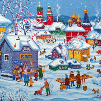 Schilderij getiteld "Winter Fair" door Maria Podverbnaya, Origineel Kunstwerk, Olie