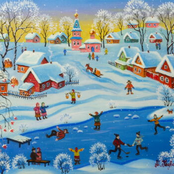 Schilderij getiteld "Winter Fun Activiti…" door Maria Podverbnaya, Origineel Kunstwerk, Acryl
