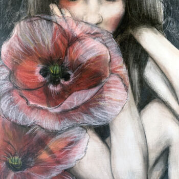 Painting titled "Poppies 2" by Maria Romano, Original Artwork, Charcoal Mounted on Wood Stretcher frame