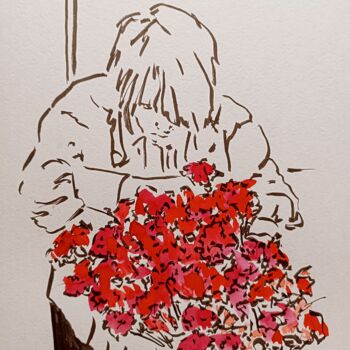 Dibujo titulada "В цветочном магазине" por Maria Rumanceva, Obra de arte original, Acuarela