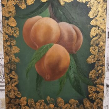 Pittura intitolato "Персики с золотыми…" da Maria Solntseva, Opera d'arte originale, Olio
