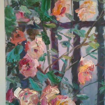Painting titled "roses on a gate" by Maria Tava, Original Artwork, Oil