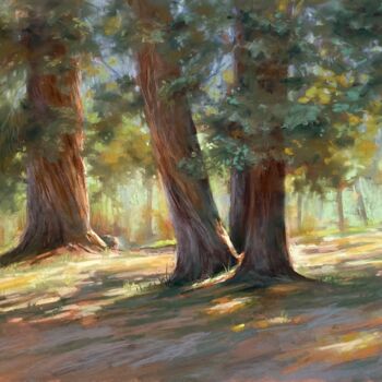 Schilderij getiteld "Forêt ensoleillée" door Maria Vasilevich, Origineel Kunstwerk, Pastel