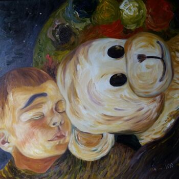 Peinture intitulée "Rever avec son ours" par Maria Villain, Œuvre d'art originale, Huile