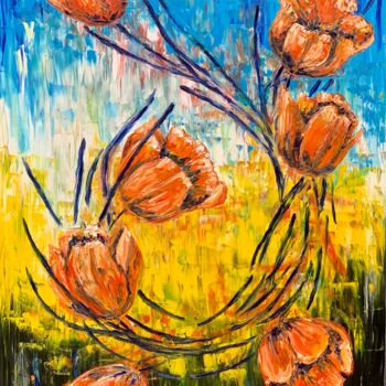 Painting titled "Orange flowers" by Maria Zasidkovych (Mariia), Original Artwork, Oil