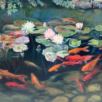 Painting titled "21 carp" by Maria Zasidkovych (Mariia), Original Artwork, Oil Mounted on Wood Stretcher frame