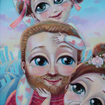 Painting titled "A happy family" by Mariia Zhurovich, Original Artwork, Oil Mounted on Wood Panel