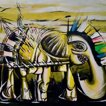 Painting titled "L'elefante protetto…" by Mariaceleste Arena, Original Artwork, Acrylic Mounted on Wood Stretcher frame