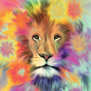 Digital Arts titled "Floral Lion" by Maria Mata, Original Artwork, Digital Painting