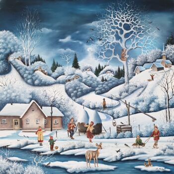 Peinture intitulée "Une soiree d'hiver" par Mariana Mihut, Œuvre d'art originale, Huile Monté sur Châssis en bois