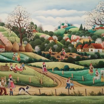 Pintura titulada "Spring in village" por Mariana Mihut, Obra de arte original, Oleo