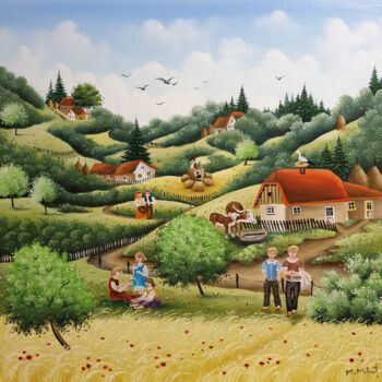Peinture intitulée "Le champ de ble ave…" par Mariana Mihut, Œuvre d'art originale, Huile