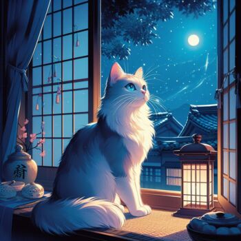 Digitale Kunst getiteld "Cat in the night" door Mariana, Origineel Kunstwerk, AI gegenereerde afbeelding