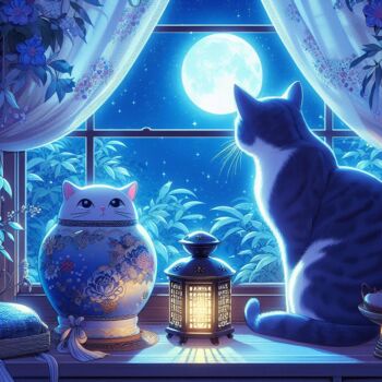 Arts numériques intitulée "Cat in the night (3)" par Mariana, Œuvre d'art originale, Image générée par l'IA
