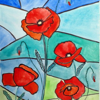 Painting titled "Coquelicots vitrail" by Marian Cobos, Original Artwork, Oil