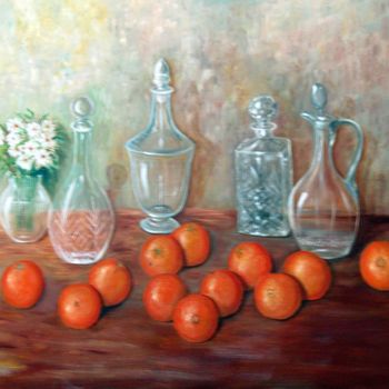 Painting titled "carafes-et-oranges.…" by Marian Cobos, Original Artwork, Oil