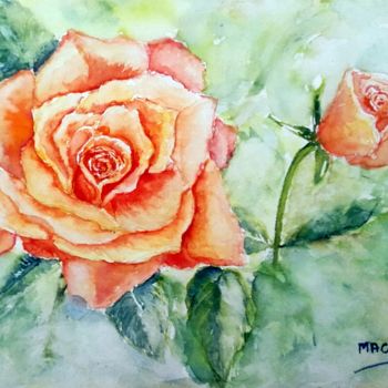 Pintura intitulada "La Rose et le Bouton" por Marian Cobos, Obras de arte originais, Aquarela