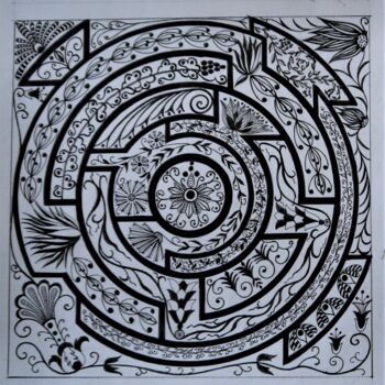 Рисунок под названием "labyrinthe noir et…" - Marianne Camus, Подлинное произведение искусства, Чернила