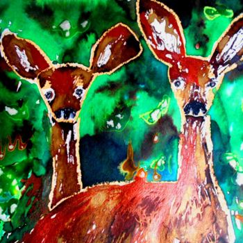 Painting titled "Chevreuils" by Marianne Dufour, Original Artwork, Watercolor