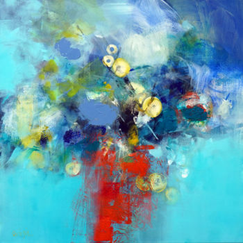Painting titled "Blue and yellow flo…" by Marianne Quinzin, Original Artwork, Acrylic Mounted on Wood Stretcher frame