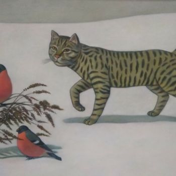 Картина под названием "Кот и снегири" - Alexander Permyakov, Подлинное произведение искусства, Масло Установлен на Деревянна…