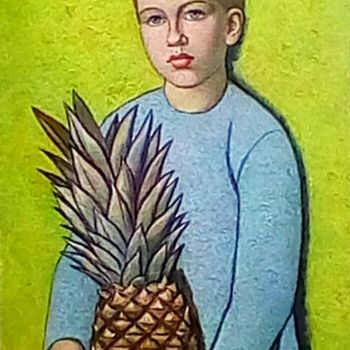 Картина под названием "Девочка с ананасом" - Alexander Permyakov, Подлинное произведение искусства, Масло Установлен на карт…