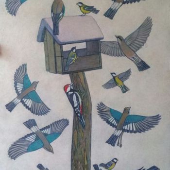 Картина под названием "Птицы у кормушки" - Alexander Permyakov, Подлинное произведение искусства, Масло Установлен на картон