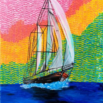 Schilderij getiteld "Colorful Boat" door Maria Sabrina Viviani, Origineel Kunstwerk, Acryl Gemonteerd op Frame voor houten b…