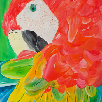 Painting titled "RED PARROT" by Maria Sabrina Viviani, Original Artwork, Acrylic Mounted on Wood Stretcher frame