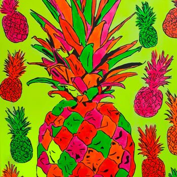 Painting titled "FLUO PINEAPPLE" by Maria Sabrina Viviani, Original Artwork, Acrylic Mounted on Wood Stretcher frame