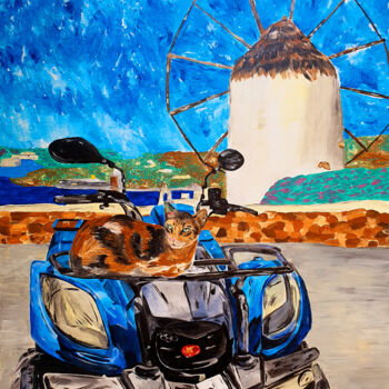 Painting titled "CAT IN MYKONOS" by Maria Sabrina Viviani, Original Artwork, Acrylic Mounted on Wood Stretcher frame