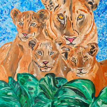 Peinture intitulée "LION FAMILY" par Maria Sabrina Viviani, Œuvre d'art originale, Acrylique