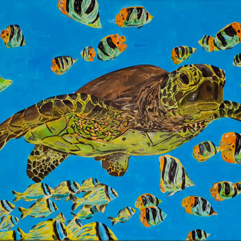 Painting titled "Turtle" by Maria Sabrina Viviani, Original Artwork, Acrylic Mounted on Wood Stretcher frame