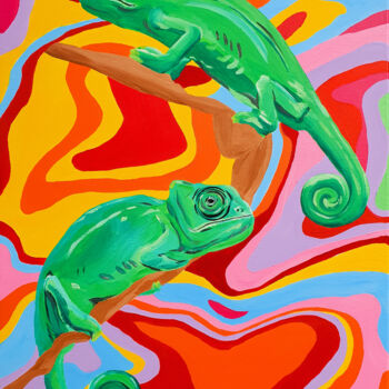 Painting titled "Colorful chameleons" by Maria Sabrina Viviani, Original Artwork, Acrylic Mounted on Wood Stretcher frame