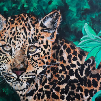 Painting titled "Baby Leopard Africa" by Maria Sabrina Viviani, Original Artwork, Acrylic Mounted on Wood Stretcher frame