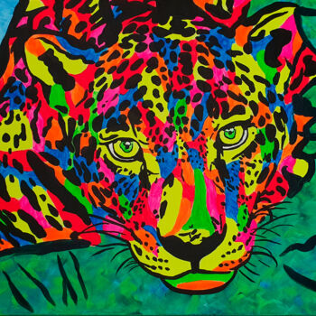 Картина под названием "Fluo Leopard" - Maria Sabrina Viviani, Подлинное произведение искусства, Акрил Установлен на Деревянн…