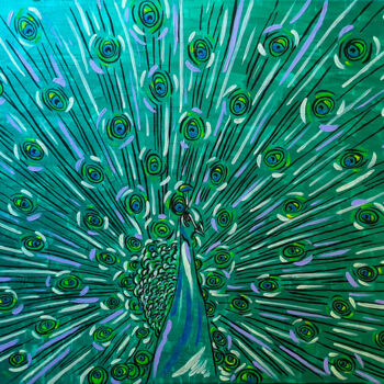 Painting titled "GREEN PEACOCK" by Maria Sabrina Viviani, Original Artwork, Acrylic Mounted on Wood Stretcher frame