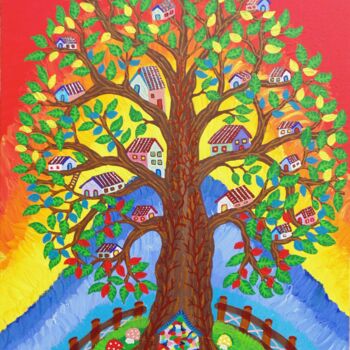 Painting titled "l'albero degli elfi" by Mariateresa Sala, Original Artwork, Acrylic Mounted on Wood Stretcher frame