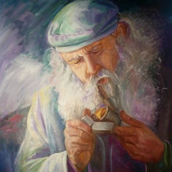 Schilderij getiteld "El viejo fumador" door Maria Teresa Aroz Ibañez, Origineel Kunstwerk