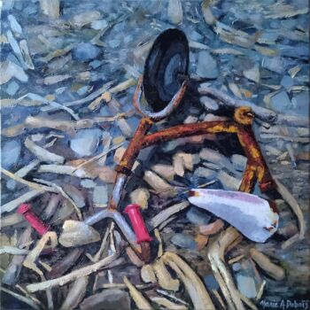 Painting titled "Laisse de mer" by Marie A Dubois, Original Artwork, Oil Mounted on Wood Stretcher frame