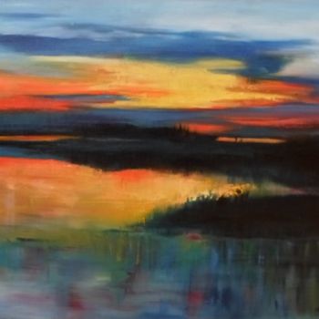 Painting titled "Coucher de soleil s…" by Marie Andrée Hembert, Original Artwork, Oil