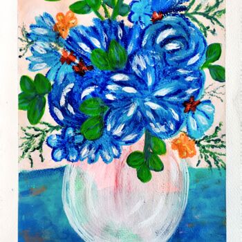 Painting titled "Vase et fleures ble…" by Marie Carmelle Joseph Samson (Marie C.J Samson), Original Artwork, Acrylic